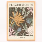 Farbenfrohe botanische Illustration von Moryarty mit dem Titel Flower Market - Jamaica Poster mit lebendigem Blumenkunstwerk mit tropischen Blumen und Blättern mit dem Titel Flower Market - Jamaica von Moryarty