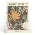 Farbenfrohe botanische Illustration von Moryarty mit dem Titel Flower Market - Jamaica Poster mit lebendigem Blumenkunstwerk mit tropischen Blumen und Blättern mit dem Titel Flower Market - Jamaica von Moryarty