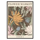 Farbenfrohe botanische Illustration von Moryarty mit dem Titel Flower Market - Jamaica Poster mit lebendigem Blumenkunstwerk mit tropischen Blumen und Blättern mit dem Titel Flower Market - Jamaica von Moryarty