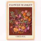 Colorful floral artwork by Moryarty titled Flower Market Chelsea Poster titled Flower Market - Chelsea by Moryarty featuring various colorful flowers on a brown background.