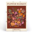 Colorful floral artwork by Moryarty titled Flower Market Chelsea Poster titled Flower Market - Chelsea by Moryarty featuring various colorful flowers on a brown background.