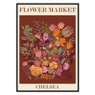Colorful floral artwork by Moryarty titled Flower Market Chelsea Poster titled Flower Market - Chelsea by Moryarty featuring various colorful flowers on a brown background.