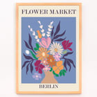 Colorful floral arrangement artwork titled Flower Market - Berlin by Moryarty Poster titled Flower Market - Berlin by Moryarty depicting a colorful bouquet of flowers against a blue background