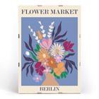 Colorful floral arrangement artwork titled Flower Market - Berlin by Moryarty Poster titled Flower Market - Berlin by Moryarty depicting a colorful bouquet of flowers against a blue background