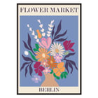 Colorful floral arrangement artwork titled Flower Market - Berlin by Moryarty Poster titled Flower Market - Berlin by Moryarty depicting a colorful bouquet of flowers against a blue background