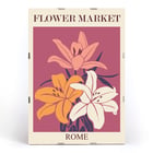 Farbenfrohe Blumenillustration Blumenmarkt Rom von Moryarty Poster zeigt leuchtende Lilien in verschiedenen Farben mit dem Text Flower Market Rome von Moryarty auf kastanienbraunem Hintergrund.