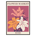Farbenfrohe Blumenillustration Blumenmarkt Rom von Moryarty Poster zeigt leuchtende Lilien in verschiedenen Farben mit dem Text Flower Market Rome von Moryarty auf kastanienbraunem Hintergrund.