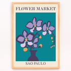 Purple flowers in a vase Flower Market Sao Paulo by Moryarty Poster of purple orchids in a vase with teal background titled Flower Market Sao Paulo by Moryarty.