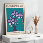 Purple flowers in a vase Flower Market Sao Paulo by Moryarty Poster of purple orchids in a vase with teal background titled Flower Market Sao Paulo by Moryarty.