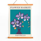Purple flowers in a vase Flower Market Sao Paulo by Moryarty Poster of purple orchids in a vase with teal background titled Flower Market Sao Paulo by Moryarty.