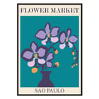 Purple flowers in a vase Flower Market Sao Paulo by Moryarty Poster of purple orchids in a vase with teal background titled Flower Market Sao Paulo by Moryarty.