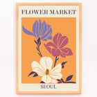 Flower Market - Seoul 2 by Moryarty featuring colorful illustrated flowers Poster featuring three stylized flowers on an orange background with text Flower Market Seoul titled Seoul 2 by Moryarty