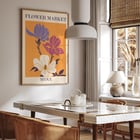 Flower Market - Seoul 2 by Moryarty featuring colorful illustrated flowers Poster featuring three stylized flowers on an orange background with text Flower Market Seoul titled Seoul 2 by Moryarty