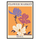 Flower Market - Seoul 2 by Moryarty featuring colorful illustrated flowers Poster featuring three stylized flowers on an orange background with text Flower Market Seoul titled Seoul 2 by Moryarty