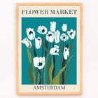 Illustration of white tulips on a teal background by Moryarty titled Flower Market - Amsterdam 2 Poster featuring the artwork Flower Market Amsterdam by Moryarty depicting white tulips with green stems on a blue background