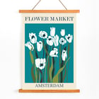 Illustration of white tulips on a teal background by Moryarty titled Flower Market - Amsterdam 2 Poster featuring the artwork Flower Market Amsterdam by Moryarty depicting white tulips with green stems on a blue background