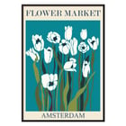 Illustration of white tulips on a teal background by Moryarty titled Flower Market - Amsterdam 2 Poster featuring the artwork Flower Market Amsterdam by Moryarty depicting white tulips with green stems on a blue background