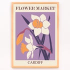 Illustration of yellow and white flowers by the artist Moryarty titled Flower Market - Cardiff Poster titled Flower Market - Cardiff by Moryarty featuring illustrated daffodils on a purple background.