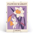 Illustration of yellow and white flowers by the artist Moryarty titled Flower Market - Cardiff Poster titled Flower Market - Cardiff by Moryarty featuring illustrated daffodils on a purple background.