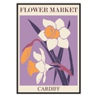 Illustration of yellow and white flowers by the artist Moryarty titled Flower Market - Cardiff Poster titled Flower Market - Cardiff by Moryarty featuring illustrated daffodils on a purple background.