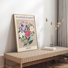 Colorful floral illustration displayed as artwork Flower Market - Delhi by Moryarty Poster of a floral arrangement with various colorful flowers titled Flower Market - Dehli by Moryarty.