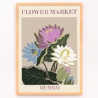 Colorful floral artwork Flower Market - Mumbai by Moryarty featuring lotus blossoms Poster titled Flower Market - Mumbai by Moryarty featuring colorful flowers with green leaves on a beige background