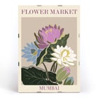 Colorful floral artwork Flower Market - Mumbai by Moryarty featuring lotus blossoms Poster titled Flower Market - Mumbai by Moryarty featuring colorful flowers with green leaves on a beige background