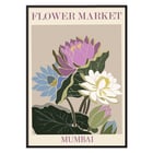 Colorful floral artwork Flower Market - Mumbai by Moryarty featuring lotus blossoms Poster titled Flower Market - Mumbai by Moryarty featuring colorful flowers with green leaves on a beige background