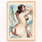 Expressionist artwork of a female nude by Carl Newman in watercolor style. Poster of a woman in a nude pose with vibrant colors by artist Carl Newman titled Female Nude.