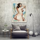Expressionist artwork of a female nude by Carl Newman in watercolor style. Poster of a woman in a nude pose with vibrant colors by artist Carl Newman titled Female Nude.