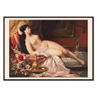 Sleeping Beauty by Anonymous features a reclining woman surrounded by luxurious fabrics and florals. Poster of the artwork Sleeping beauty depicting a reclining woman draped in fabric surrounded by flowers and ornate objects.