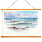 Seascape painting at Pwllheli North Wales by George Elbert Burr shows waves and clouds. Seaside landscape with waves at Pwllheli N Wales by George Elbert Burr on a poster.