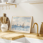 Painting of a sailing ship near snowy mountains in View West of Lout Harbour Spitzberger by Charles Hamilton Smith Poster of a painting titled View West of Lout Harbour; Spitzberger by Charles Hamilton Smith shows a sailboat and icy mountains in the background