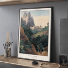 Painting of Hermitage of St. Trinidad at Montserrat by Charles Hamilton Smith Poster showing Hermitage of St. Trinidad Montserrat by Charles Hamilton Smith features a mountainous landscape with lush trees and a monk.