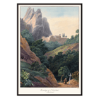Painting of Hermitage of St. Trinidad at Montserrat by Charles Hamilton Smith Poster showing Hermitage of St. Trinidad Montserrat by Charles Hamilton Smith features a mountainous landscape with lush trees and a monk.