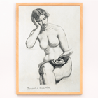 Nude female figure seated reading by Kenion Cox titled Nude Study 1896 Poster of Nude Study by Kenion Cox featuring a pencil sketch of a seated nude woman reading a book with a contemplative expression.