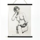 Nude female figure seated reading by Kenion Cox titled Nude Study 1896 Poster of Nude Study by Kenion Cox featuring a pencil sketch of a seated nude woman reading a book with a contemplative expression.
