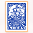 Azulejo tile artwork by Lisbon Azulejo featuring a blue painted ship titled Blue painted tile 1 Poster featuring a blue painted tile depicting a ship with the word Lisbon beneath it Lisbon Azulejo Blue painted tile 1