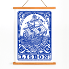 Azulejo tile artwork by Lisbon Azulejo featuring a blue painted ship titled Blue painted tile 1 Poster featuring a blue painted tile depicting a ship with the word Lisbon beneath it Lisbon Azulejo Blue painted tile 1