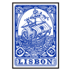 Azulejo tile artwork by Lisbon Azulejo featuring a blue painted ship titled Blue painted tile 1 Poster featuring a blue painted tile depicting a ship with the word Lisbon beneath it Lisbon Azulejo Blue painted tile 1