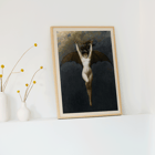 The Bat-Woman by Albert Joseph Pénot depicting a mythical figure with bat wings against a cloudy sky. Poster of a woman with bat wings floating against a dark sky titled The Bat-Woman by Albert Joseph Pénot