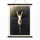 The Bat-Woman by Albert Joseph Pénot depicting a mythical figure with bat wings against a cloudy sky. Poster of a woman with bat wings floating against a dark sky titled The Bat-Woman by Albert Joseph Pénot
