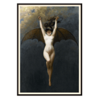The Bat-Woman by Albert Joseph Pénot depicting a mythical figure with bat wings against a cloudy sky. Poster of a woman with bat wings floating against a dark sky titled The Bat-Woman by Albert Joseph Pénot