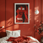 Ritratto dai toni rossi di Yayoi Kusama intitolato Love Forever. Poster raffigura una ragazza sui toni del rosso che tiene in mano cartelli circolari con la scritta Love Forever, realizzata dall'artista Yayoi Kusama.