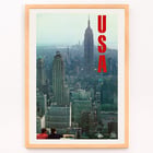 Skyline view of New York with bold USA letters in artwork by U.S. Information Agency USA New York Department of Commerce Poster titled New York by U.S. Information Agency depicting a cityscape view with skyscrapers and large red letters USA.