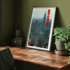 Skyline view of New York with bold USA letters in artwork by U.S. Information Agency USA New York Department of Commerce Poster titled New York by U.S. Information Agency depicting a cityscape view with skyscrapers and large red letters USA.