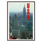 Skyline view of New York with bold USA letters in artwork by U.S. Information Agency USA New York Department of Commerce Poster titled New York by U.S. Information Agency depicting a cityscape view with skyscrapers and large red letters USA.