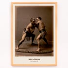 Wrestlers in a traditional pose by Kinbei Kusakabe artwork titled Wrestlers Poster of two sumo wrestlers in traditional attire engaged in a match titled Wrestlers by Kinbei Kusakabe.