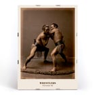 Wrestlers in a traditional pose by Kinbei Kusakabe artwork titled Wrestlers Poster of two sumo wrestlers in traditional attire engaged in a match titled Wrestlers by Kinbei Kusakabe.