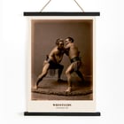 Wrestlers in a traditional pose by Kinbei Kusakabe artwork titled Wrestlers Poster of two sumo wrestlers in traditional attire engaged in a match titled Wrestlers by Kinbei Kusakabe.